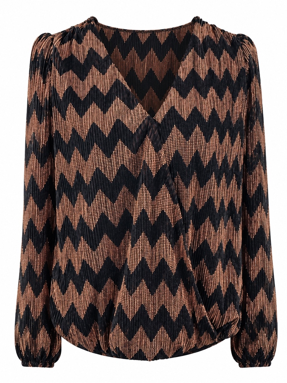 Chevron Wrap-Front Blouse in Black and Copper